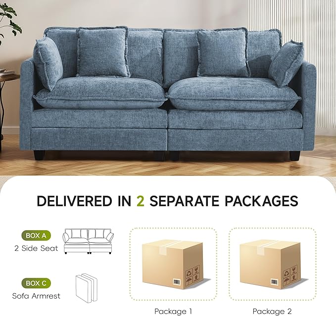 UMBFUN 2-Seater Cloud Couch, Oversized Comfy Modular Sectional Sofa with Deep Seat Cushions, Chenille Loveseat for Living Room, Apartment & Small Spaces, Blue
