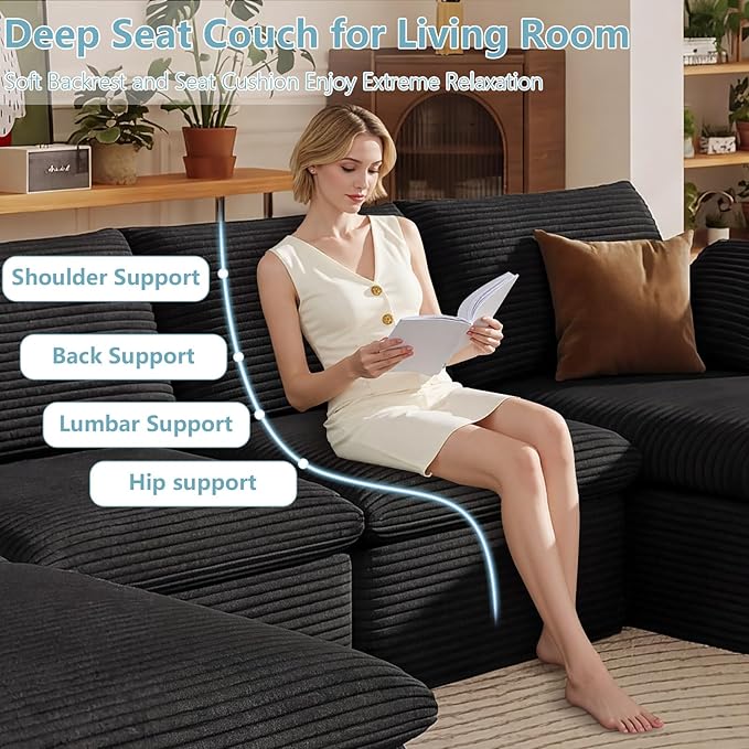 136" Cloud Sectional Couch with U-Shaped Chaise,Corduroy Viral Boneless Sofa with Ottoman,Memory Foam Couches in a Box with Deep Seat for Living Room,No Assembly Required (Black,Right-Facing Chaise)
