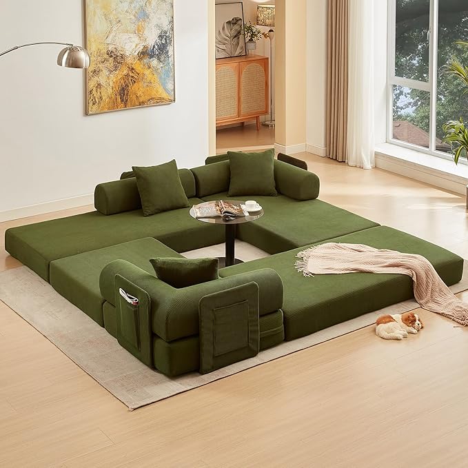 L Shaped Convertible Modular Sofa Bed with Cylindrical Pillow & Reversible Chaise, Corduroy Folding Floor Sofa Couch Bed with Fixed-Shape Frame & Storage Pocket for Living Room, Green