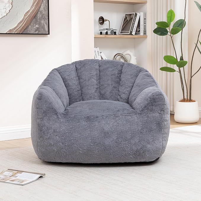 Bean Bag Chair, Bean Bag Couch for Adults and Kids, Comfy Shell-Shaped Chair with Filler Armrests Stuffed High-Density Foam Stuffed Sofa Lounge Floor Sofa for Bedroom,Gaming, Reading,Gray