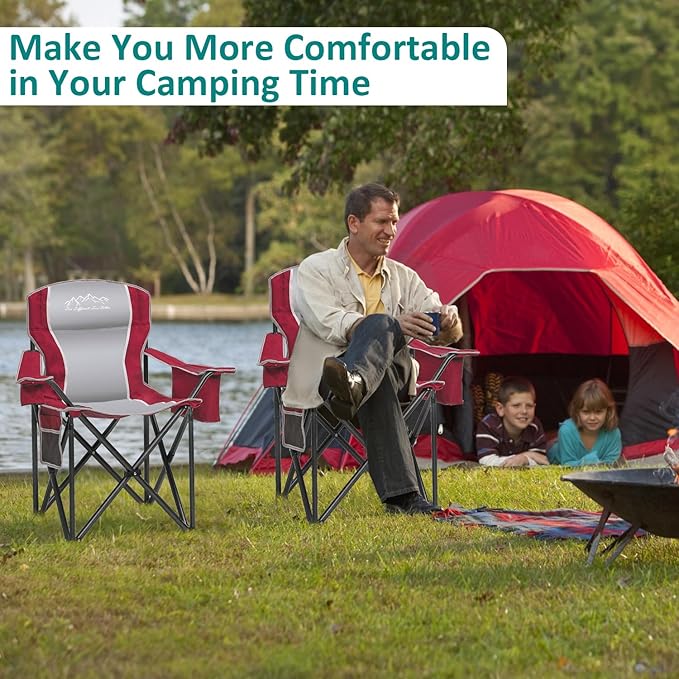 SAILARY Camping Chair Heavy Duty High Back Folding Chair with Cup Holder, 450lbs Capacity, Padded Seat, Cooler Bag & Storage Pocket, Portable for Outdoor, Beach, Fishing, Sports, Red