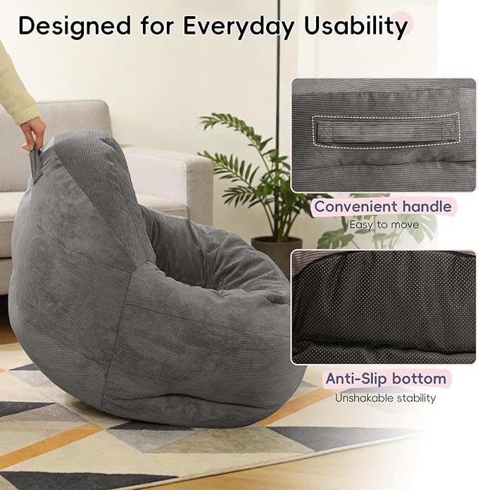 3 Feet Bean Bag Chair, BeanBag Chair for Teens & Youth, Bean Bag Couch with High-Density Foam Filler, Faux Fur Fabric, Living Room, Bedroom, Game Room, Dorm, Office ( Light Gray, 33.5"Dx33"Wx24"H )