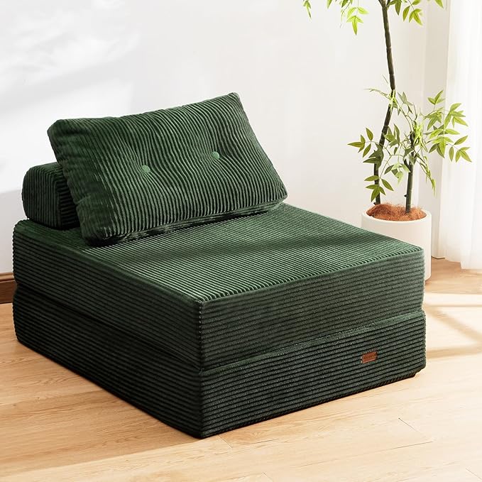 Folding Sofa Bed,3-in-1 Convertible Sleeper Chair Corduroy High-Density Foam with Pillow, Foldable Single Futon Chair for Living Room、 Bedroom 、Hotel、 Apartment, Single, Emerald Green