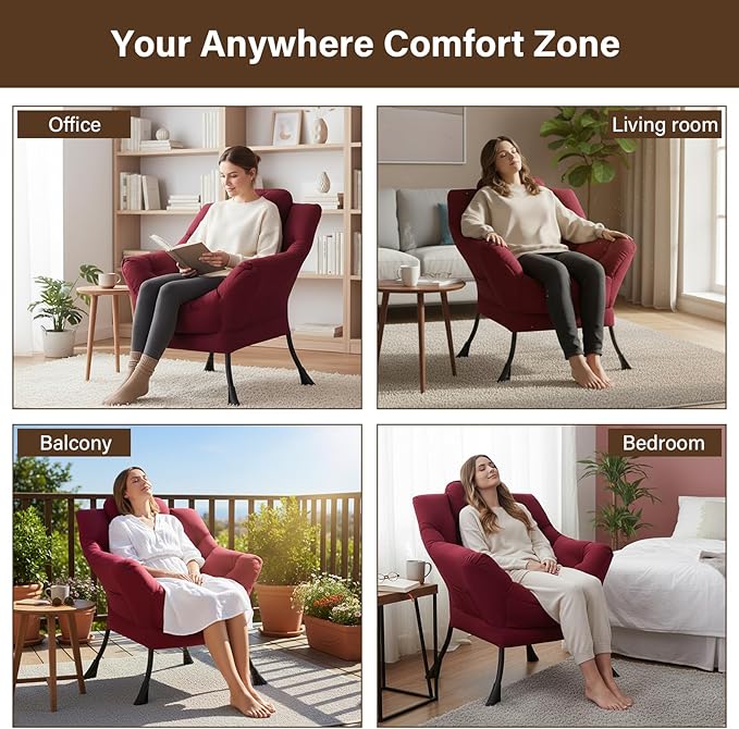 Welnow Lazy Chair for Living Room, Modern Reading Lounge Accent Chair with Armrests and a Side Pocket, Leisure Upholstered Lazy Sofa for Small Space, Bedroom, Dorm, Burgundy