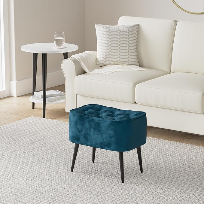 BIRDROCK HOME Tufted Curve Ottoman Velvet Foot Stool - Upholstered Padded Footrest for Living Room or Bedroom - Small Cushioned Accent Chair for Couch, Sofa, Lofted Seating - Modern Furniture - Teal