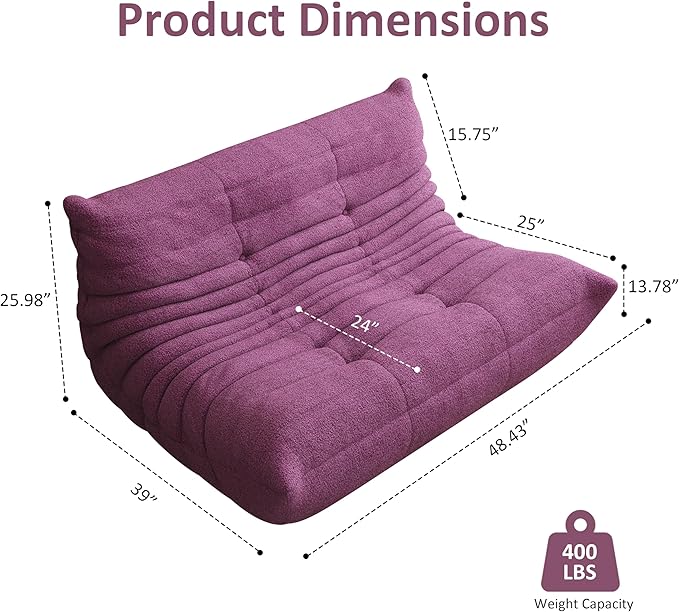 Bean Bag Chair, Oversized Loveseat Fireside Chair for Adults, 2 Seater with Memory Foam Filled, Lazy Sofa Lounge Floor Sofa for Living Room, Bedroom, Office, No Assembly Required. (Purple)
