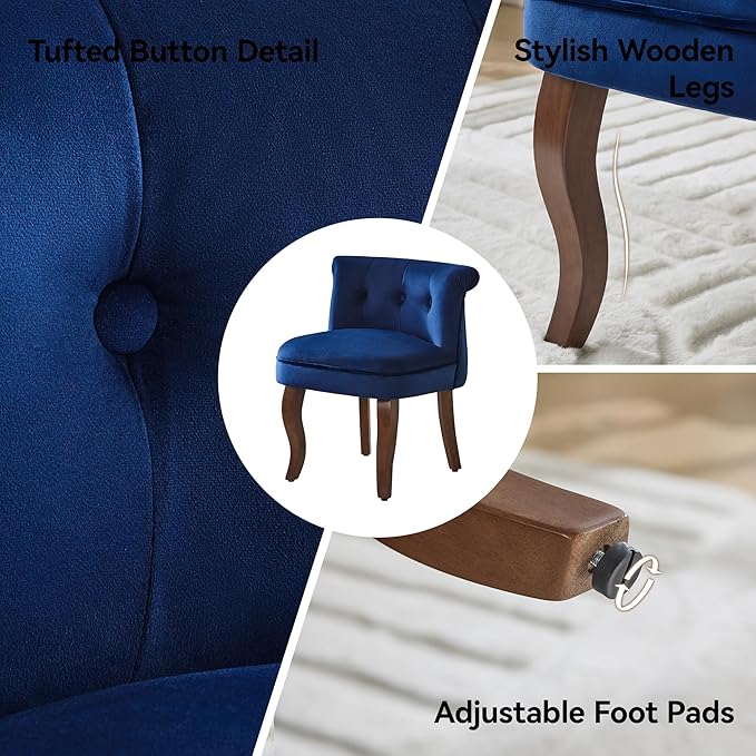 WUTUTUEE Velvet Vanity Chair with Back, Tufted Upholstered Vanity Stool with Solid Wood Legs, Mid Century Small Makeup Chair for Vanity, Accent Chair for Bedroom, Living Room, Navy