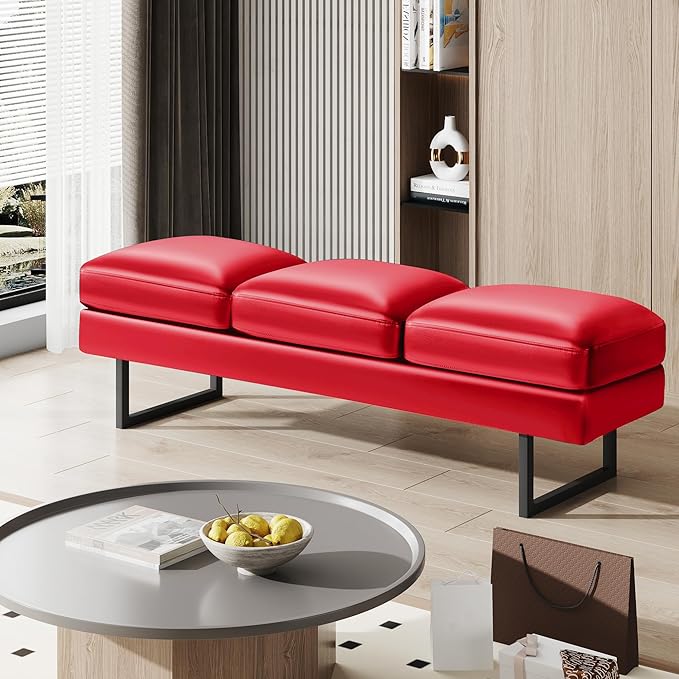 JUMMICO Office Chair Seating Waiting Room Chair, 59.6 inches Upholered Reception Bench 3 Seat Faux Leather Office Guest Chair Conference Room Chair for Salon and Shop (Red)