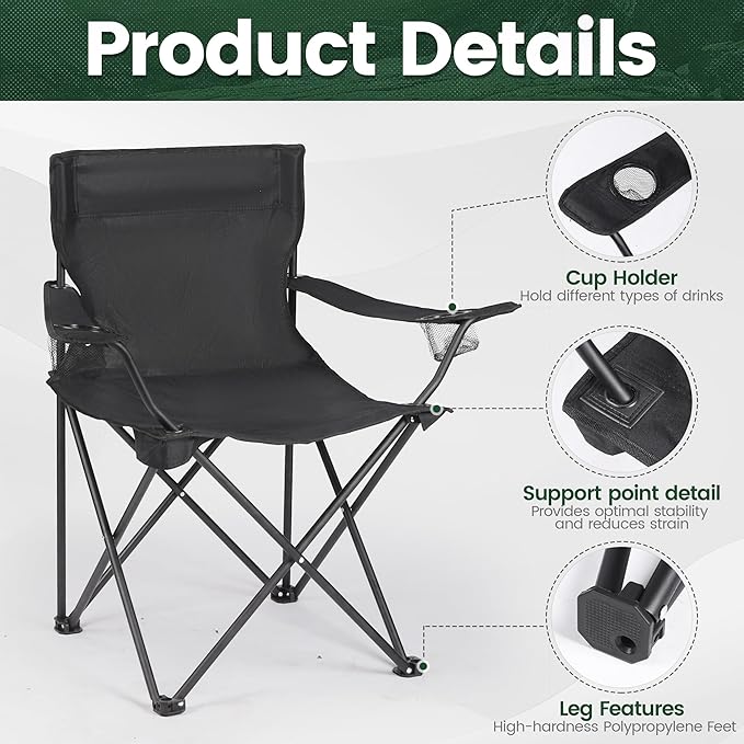 2 Pack Camping Chairs - Lightweight and Supportive Chairs for Adult and Lightweight Individuals - Compact, Durable, and Portable - Ideal for Camping, Hiking, Beach, and Picnics -Carry Bag