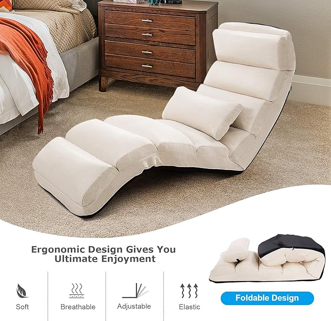 Moccha Floor Chairs for Adults, Adjustable 5-Position Floor Lounger w/Thick Padded & Pillow, No Assembly Folding Lazy Sofa Chair for Gaming, Sleeping, Light Weight Chaise Lounge Indoor, Beige