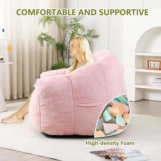 Setawix Giant Bean Bag Chair with Filler, Comfy Faux Fur Bean Bag Chairs for Adults and Kids, Lazy BeanBag Sofa Stuffed Floor Sofa with Memory Foam for Bedroom Apartment Living Room,Pink