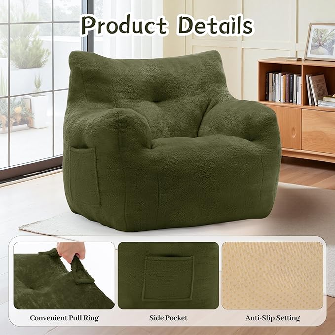 Bean Bag Chair, Comfy Bean Bag Sofa with Armrests & Back Support, Shredded Foam Filled Floor Couch for Adults, Fluffy Cloud Chair for Bedroom/Dorm/Reading, Single, Green