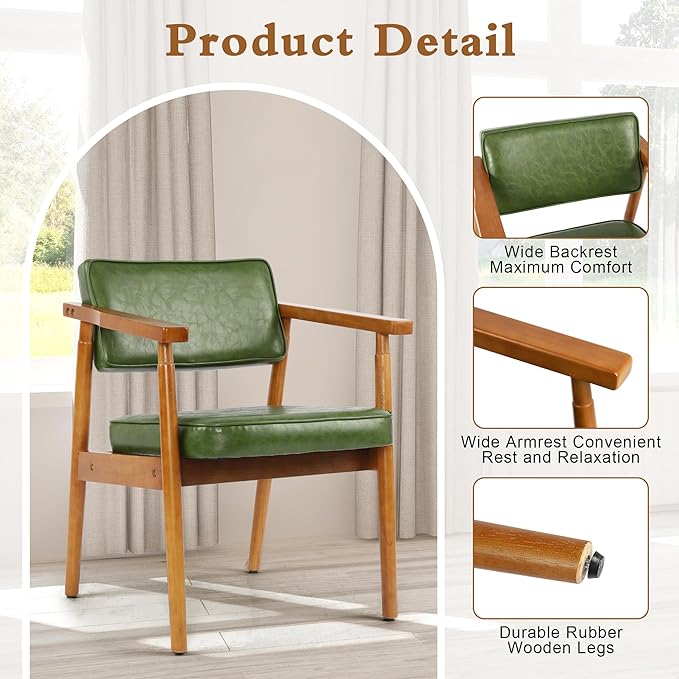 LSSPAID Mid Century Dining Chairs Set of 4, Pu Leather Upholstered Armchair with Wooden Handrail & Comfy Backrest, Modern Kitchen Chairs for Living Room Dining Room, Green