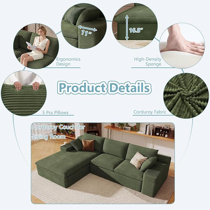 107" Cloud Sectional Couch with L-Shape Chaise, Modern Corduroy Viral Boneless Sofa for Living Room,Memory Foam Couches in a Box with Deep Seat,No Assembly Required (Green,Left-Facing Chaise)