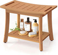 Waterproof Shower Benches for Inside Shower, Poly Lumber Shower Stool with Storage Shelf & Adjustable Feet, SPA Bathroom Seat Chair for Shaving Legs, Indoor or Outdoor Use, Teak Brown
