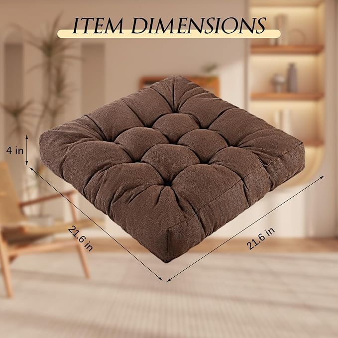 LYLNBYWK Meditation Floor Cushions, Thickened Floor Pillow for Adults, Large Square Pillows Seat Cushion for Tatami Living Room Yoga, Memory Sponge Block Added, 22x22 Inch, Brown