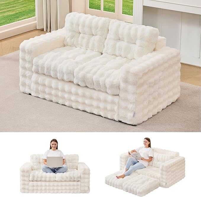 Hobestluk Sofa Couch Loveseat Sofa with Bubble Fabric 2-Seater Sofa for Small Spaces Comfortable Foam Floor Sofa 2 in 1 Boneless Couch for Living Room Bedroom Apartment or Office (White, Loveseat)
