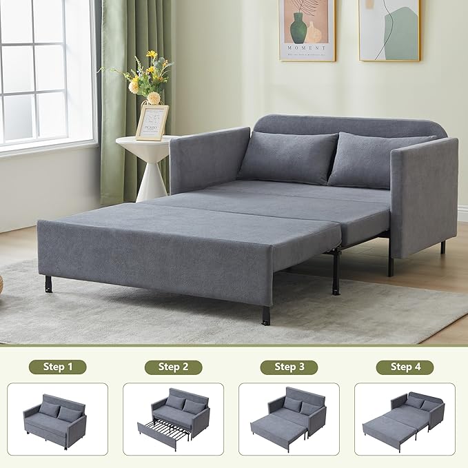 QHITTY Pull Out Couch Bed, 2-in-1 Sleeper Sofa Small Loveseat Bed with Hidden Side Table and Iron Frame for Living Room, Small Space, Apartment (Grey)