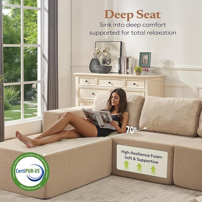Furnify 136" Modular Sectional Couch Left/Right Facing Convertible, L-Shape Modern Teddy Sofa, Deep Seat Upholstered Foam Couch for Living Room Bedroom, No Assembly Required (Camel, Teddy Boucle)
