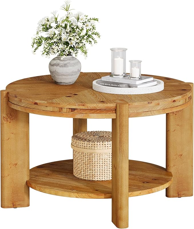 TRIBEWOOD Round Solid Wood Coffee Table, 29.5" Small Farmhouse Circle Accent Center Tables with Storage Shelf for Living Room, 2 Tiers Open-Style Storage Cocktail Tea Furniture, Rustic Brown