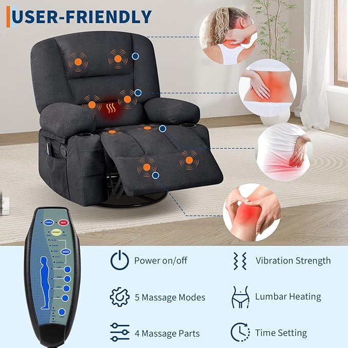 Rocker Recliner Chairs for Adults w/Vibration Massage and Heating,360° Swivel Rocker Glider Recliner,Extra Wide Manual Lazy Chair,Chenille Fabric Sofa Chair for Living Room,Bedroom,Black
