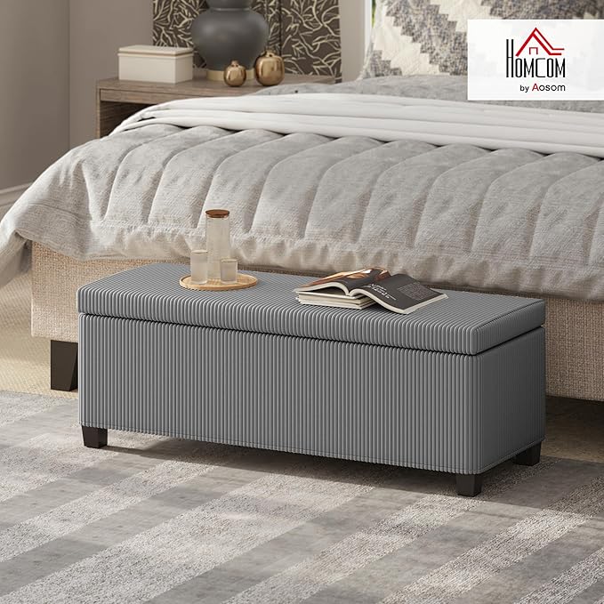 HOMCOM 44 Inches Storage Ottoman Bench, End of Bed Bench with Removable Lid, Legs, Corduroy Storage Chest Foot Rest, Padded Seat, for Living Room, Bedroom, Entryway, Gray