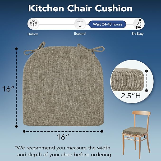 Chair Cushions for Dining Chairs, Non Slip Chair Pads with Ties and Washable Covers, Memory Foam Kitchen Chair Cushions Set of 4, 16"X16"X2.5", Khaki