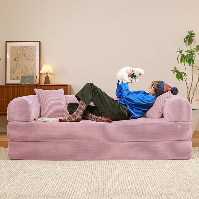 Convertible Sleeper Sofa Bed, 78" Corduroy Foldable Boneless Modular Couch, Memory Foam Compressed Sofa in A Box W/Plush Fabric Comfy Floor Lounge Couch for Living Room Apartment Bedroom, Pink