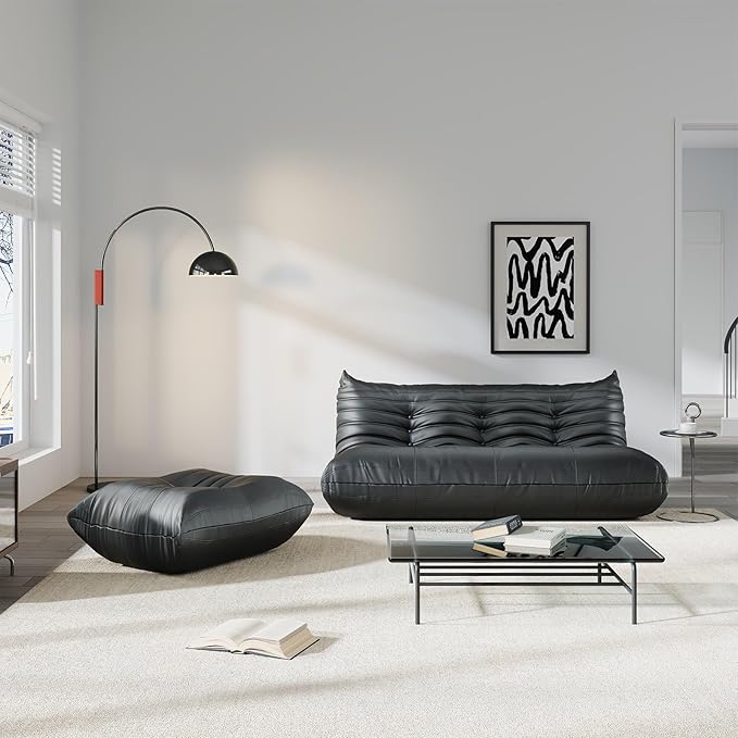 Comfy Lazy Floor Sofa Couch,Soft Armless Chair,Faux Leather Lounge Chair,Corner Relax Sofa Couch for Living Room Bedroom,Salon Office,Adults((Black+3P+ Ottoman)