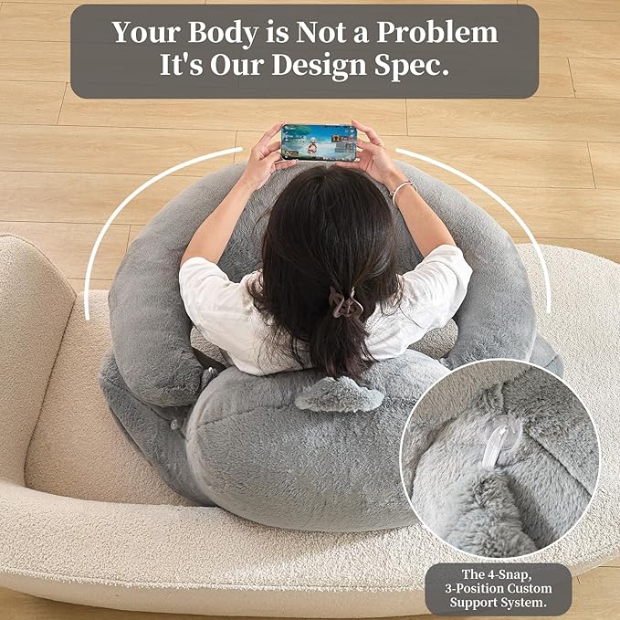 PAJEO Reading Pillow for Bed,U Shaped & Back Support Pillow for Bed,19" Backrest with Lumbar & Arm Support,Luxurious Faux Rabbit Fur,Gaming PillowFor Crochet/Reading/Watching TV,Gray