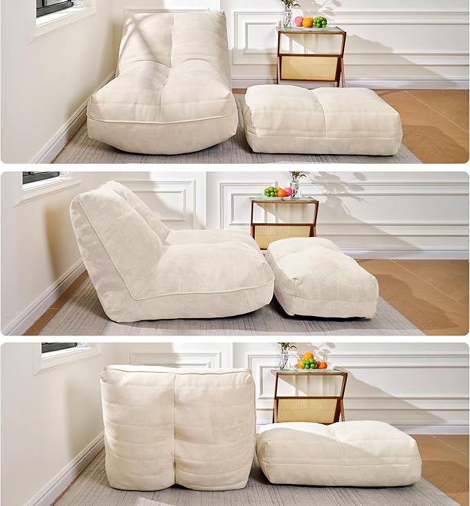 Cvortll Bean Bag Chair with Ottoman, Comfy Bean Bag Sofa with Memory Foam, Lazy BeanBag Sofa with Footstool, Fireside Bean Bag Couch for Living Room, Bedroom, Apartment (Off White)