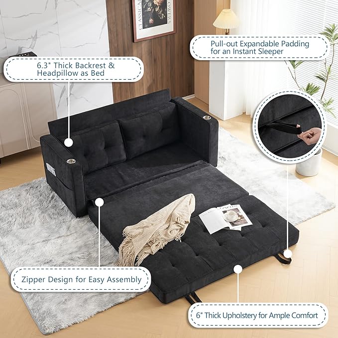 VINGLI Upgraded 64" W 84" L Full Size Futon Sofa Bed, 6" Thick Upholstery Chenille Loveseat Sofa Sleeper Pull Out Couch,Convertible Floor Couch for Living Room, Bedroom, Entertainment Room, Black