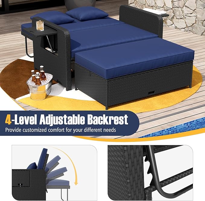 RELAX4LIFE Wicker Patio Outdoor Daybed - Rattan Day Bed Lounger w/Loveseat & Storage Ottoman, Sunbed Sofa Set w/Cushions, 4-Level Adjustable Backrest & 2 Retractable Trays, Patio Daybed (Navy-Black)
