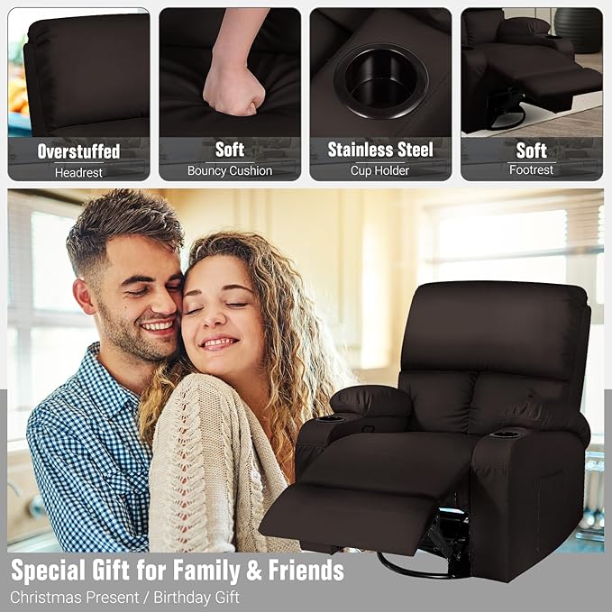 LAFWELL Rocking Recliner Chair, Massage Rocker Recliner Chair with Vibration Massage and Heat,360° Swivel Recliner Chairs, Living Room, Bedroom, Nursery, RV, Brown