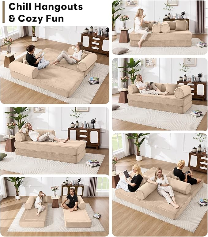Tbfit 79'' Folding Boneless Couch, Oversized Corduroy Convertible Sofa Bed, Futon Mattress Sleeper Sofa, Comfy Foldable Upholstered Floor Couches for Living Room, Khaki