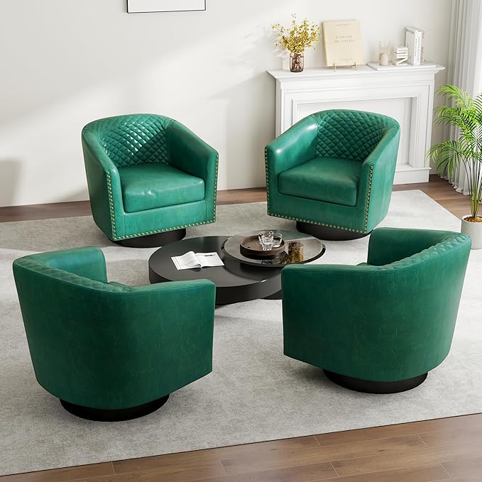 DREAMSIDEA Swivel Barrel Accent Chair, Comfy Modern Upholstered Round Faux Leather Arm Chair for Living Room, Bedroom（Green, Set of 1