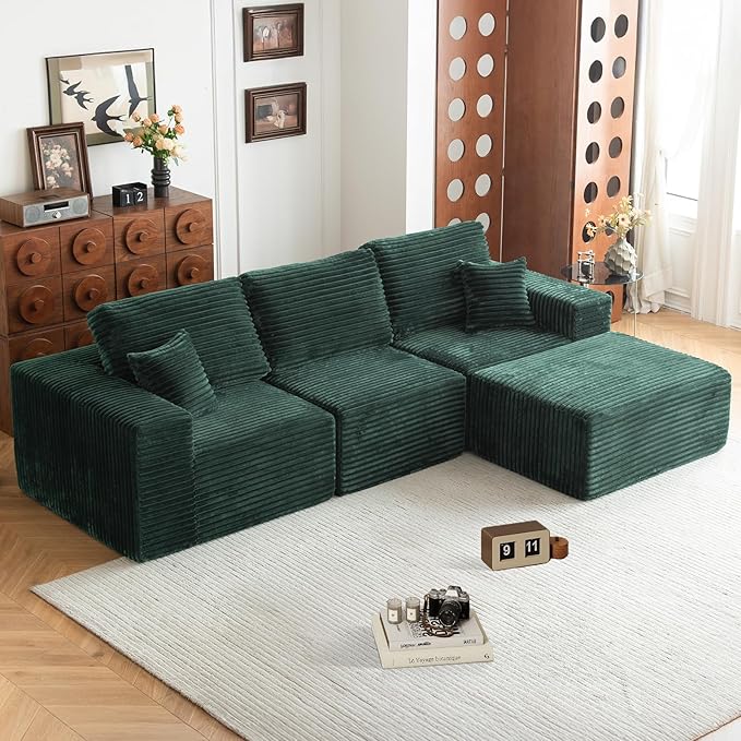 MODNEST 108" Modular Sectional Sofa Cloud Couch with Deep Seats, L Shape Couch with Chaise and Movable Ottoman, Sectional Couches for Living Room, Comfy Boneless Couches No Assembly Required, Green