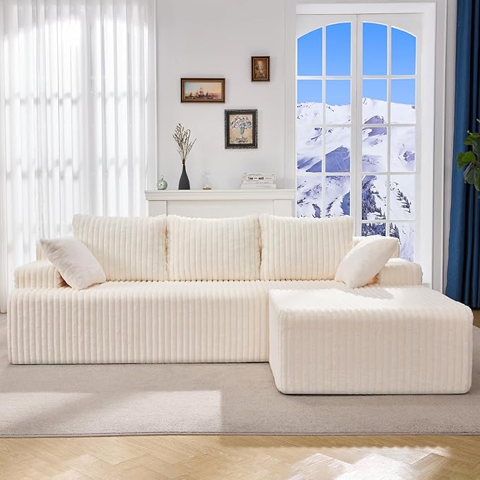Modular Sectional Sofa Couches L-Shape Couch 3 Seat Modular Sofa Memory Foam Sectional Couches for Living Room, Cloud Couch with Oversized Chaise (White Stripe, 96" Right Facing Chaise)