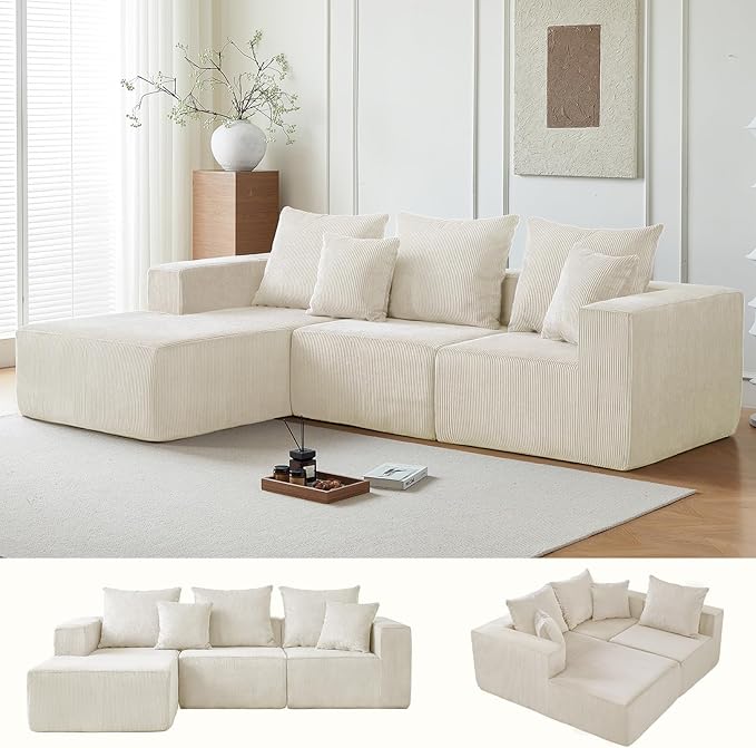 101" Cloud Couch for Bedroom,Boneless Couch with Oversized Chaise,4-Seat Chenille Deep Seat Sofa with 5-Pillows for Living Room,Corduroy Sofa in A Box,Beige