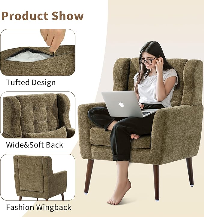 CHSICFOR Modern Accent Chair, Upholstered Arm Chair with Waist Pillow, Single Sofa Chair for Living Room Bedroom Small Spaces (Olive)