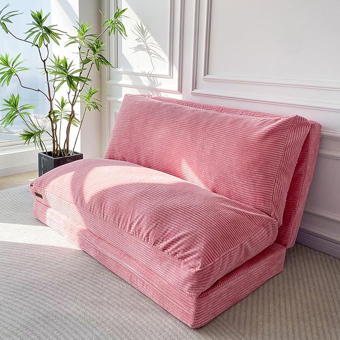 MAXYOYO Folding Sofa Bed, Extra Thick and Long Floor Sofa Convertible Sleeper Chair with Washable Cover, Floor Couch Lounge Bean Bag Bed for Living Room, Pink, 54x95 Inch