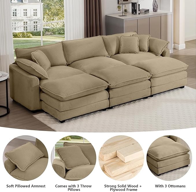 Aoowow Corduroy 3 Seater Sleeper Couch with Ottomans,Large Cloud Couches for Living Room,Tufted Modular Sectional Cloud Sofas Deep Seat,Oversized Chaise Lounge Sofa (Tan, 3 Seater + 3 Ottoman)