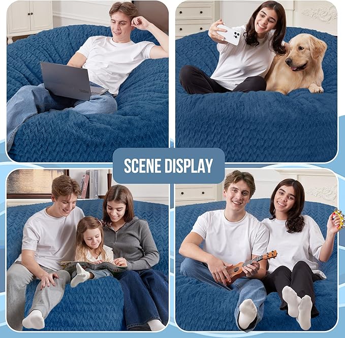 4FT Bean Bag Chair,Giant Bean Bag Chairs for Adults,Big Bean Bags with Memory Foam Filled, Large Beanbag Chairs with Chevron Plush Cover-Blue