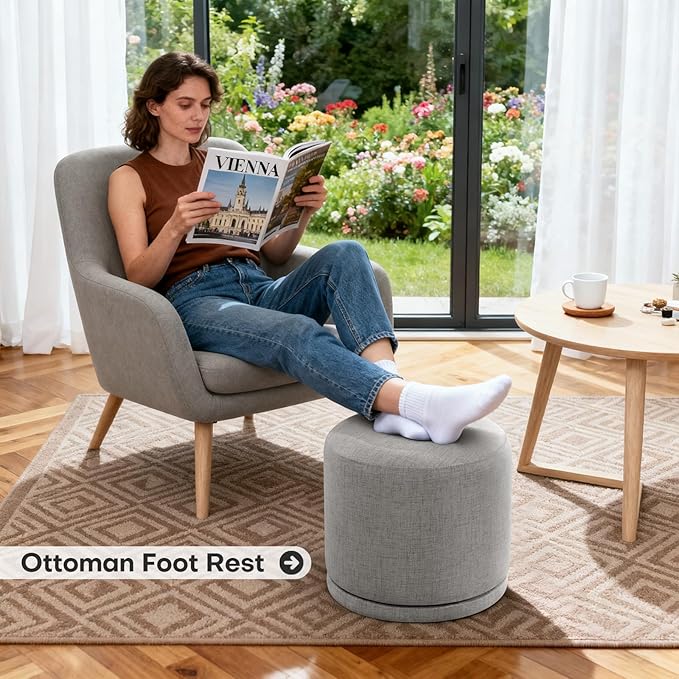 Round Pouf Ottoman & Swivel Foot Rest,Linen Vanity Stool-Upholstered Floor Chair,Footstool with Sturdy Acacia Wood Frame(500lbs),Small Coffee Table Ottoman for Living Room,Bedroom