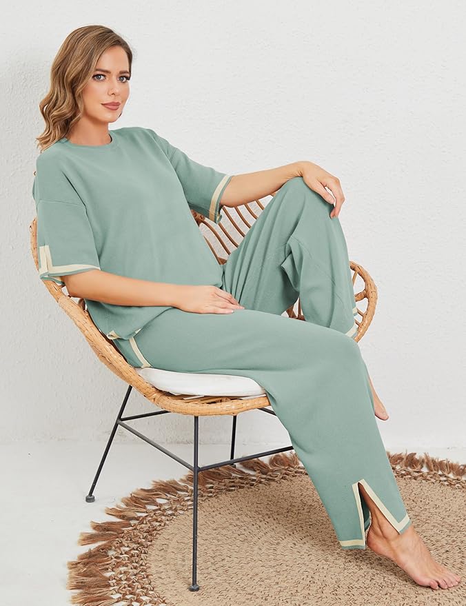Faleave Womens Knit 2 Piece Sweater Sets Short Sleeve Pullover Tops Elastic Waist Wide Leg Pants Lounge Set
