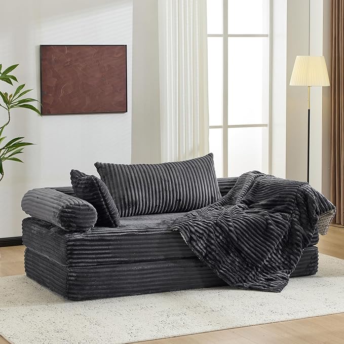 VINGLI Convertible Futon Sofa Bed, Upholstered Corduroy Boneless Couch King Size Floor Loveseat Sleeper Sofa with 2-in-1 Throw Pillow, Couches for Living Room, Bedroom, Lounge, Dark Gray