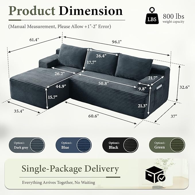 96" Sectional Couches for Living Room Cloud Couch Sofa with L-Shape Upholstered Boneless Couchs Modern Modular Sectional Couch with Chaise (Dark Grey, 96" W+Left Facing Chaise+2Seaters)