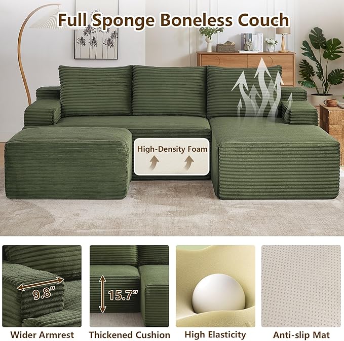 96" U-Shape Cloud Couch, Modern Modular Sectional L-Shape Sofa with Ottoman, Corduroy Upholstered Couches Deep Seat Sleeper Chaise Longue for Living Room, No Assembly Required(Green, Right Facing)