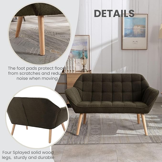 48" Green Small Loveseat Sofa, Comfy Faux Fur 2-Seat Love Seat with Wood Legs, Modern Tufted Wingback Upholstered Sofa Couch for Small Space Living Room Bedroom Apartment