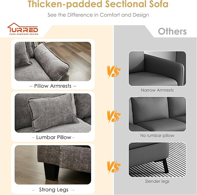 URRED Cloud Couch Modular Sectional Sofa, 122'' Modern L Shaped Deep Seat Sofa with Ottoman & Pillows, Ultra Comfy Chenille Couches for Living Room, Bedroom or Apartment, Gray